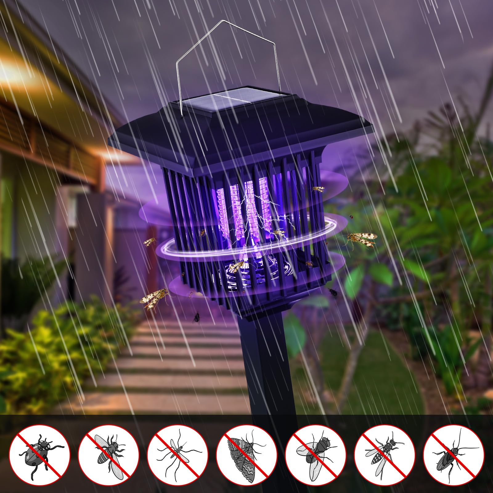 Solar Bug Zapper Outdoor UV Mosquito Killer Black Fly Repellent Light Waterproof Pest Control Insect Fly Trap LED Insecticidal Lamp Hang or Stake in The Ground for Indoor Home Garden(4 Pack)