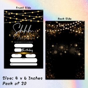 Surprise Birthday Invitations with Envelopes - Shhh It's A Surprise Party Invitation Card for Kids Adults - Black Gold Glitter Fill-in Invites Cards(20 Pack) -16