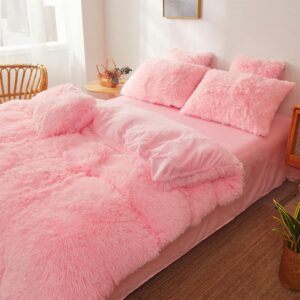 Fluffy Pink Twin Size Comforter Cover - Ultra Soft Plush Bedding Set With Faux Fur and Fuzzy Pillowcase for Girls Bedroom (Light Pink)