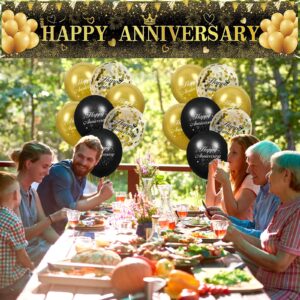 Black Gold Wedding Anniversary Decoration, Black Gold Happy Anniversary Yard Banner and 18Pcs Happy Anniversary Latex Balloons for Black Gold Wedding Anniversary Birthday Party Decorations