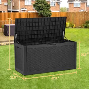 Waterproof Resin Deck Box 100 Gallon Large Storage Box Bench Indoor Outdoor Lockable Imitation Rattan Style Storage Bin Multifunctional Garden Pool Patio Storage Furniture w/ keyhole for Garden Tools