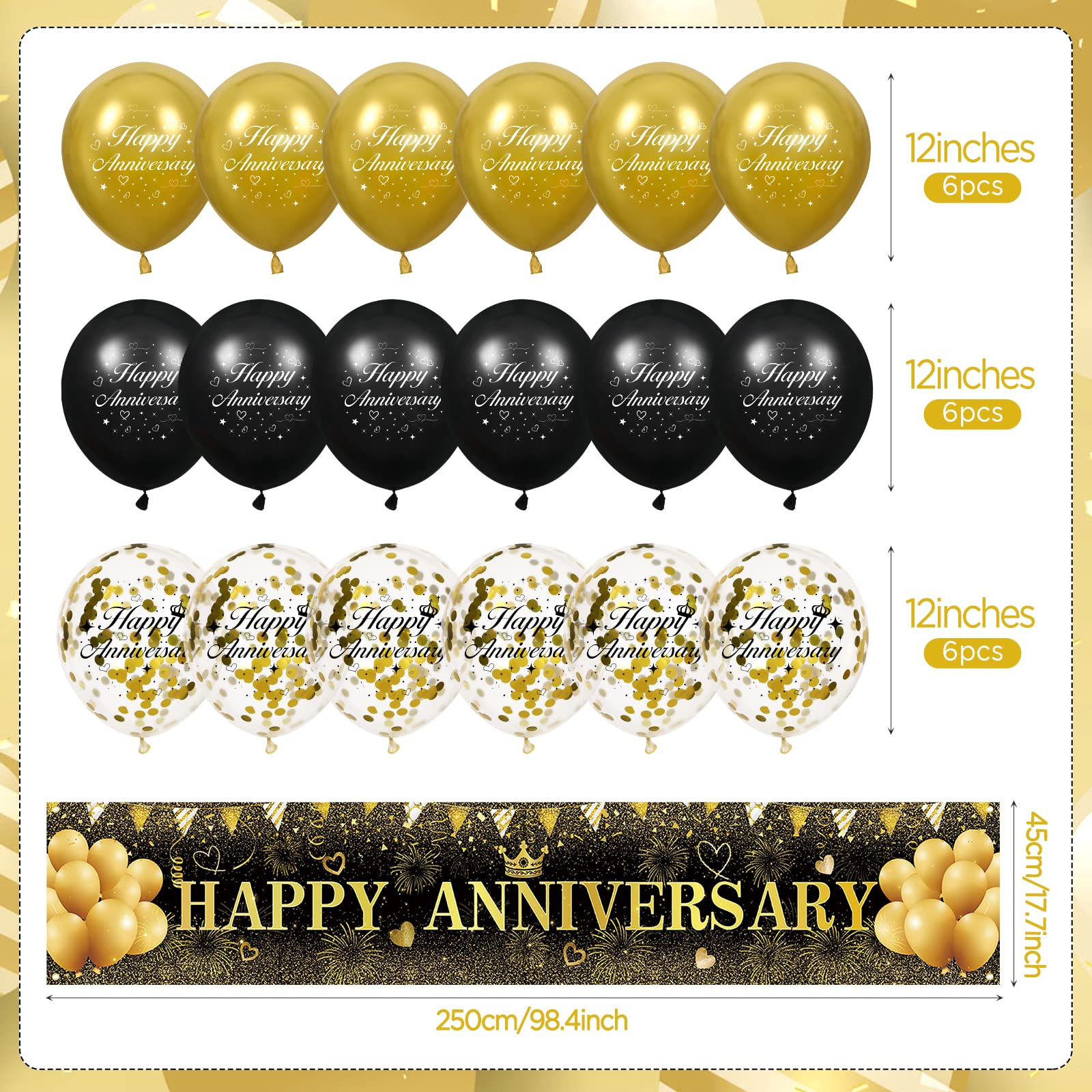 Black Gold Wedding Anniversary Decoration, Black Gold Happy Anniversary Yard Banner and 18Pcs Happy Anniversary Latex Balloons for Black Gold Wedding Anniversary Birthday Party Decorations