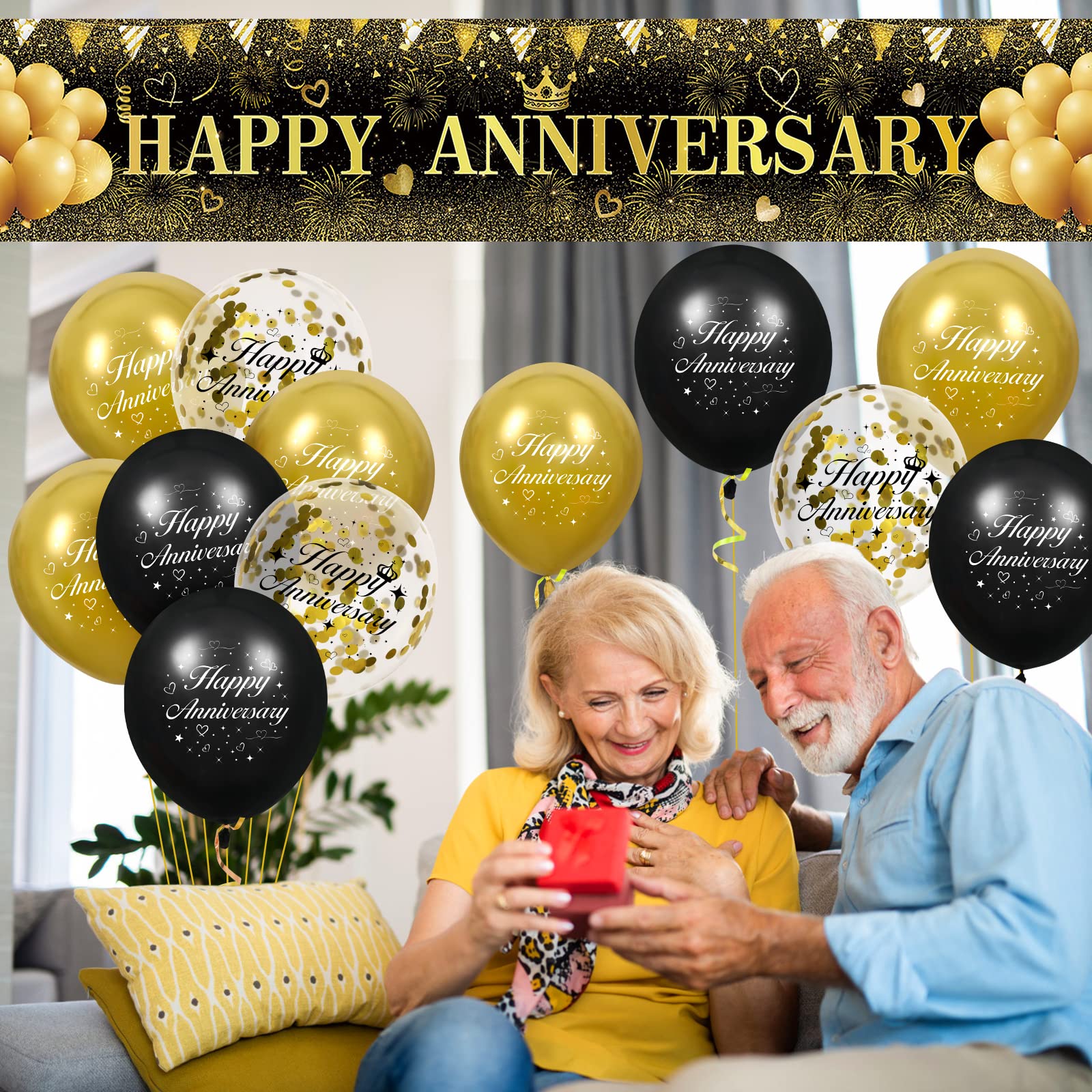 Black Gold Wedding Anniversary Decoration, Black Gold Happy Anniversary Yard Banner and 18Pcs Happy Anniversary Latex Balloons for Black Gold Wedding Anniversary Birthday Party Decorations