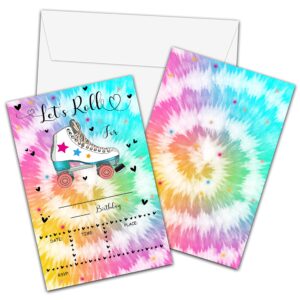 skating birthday invitations with envelopes - roller skate party invitation card for kids - tye dye fill-in invites cards - let's roll party celebration(20 pack) -08