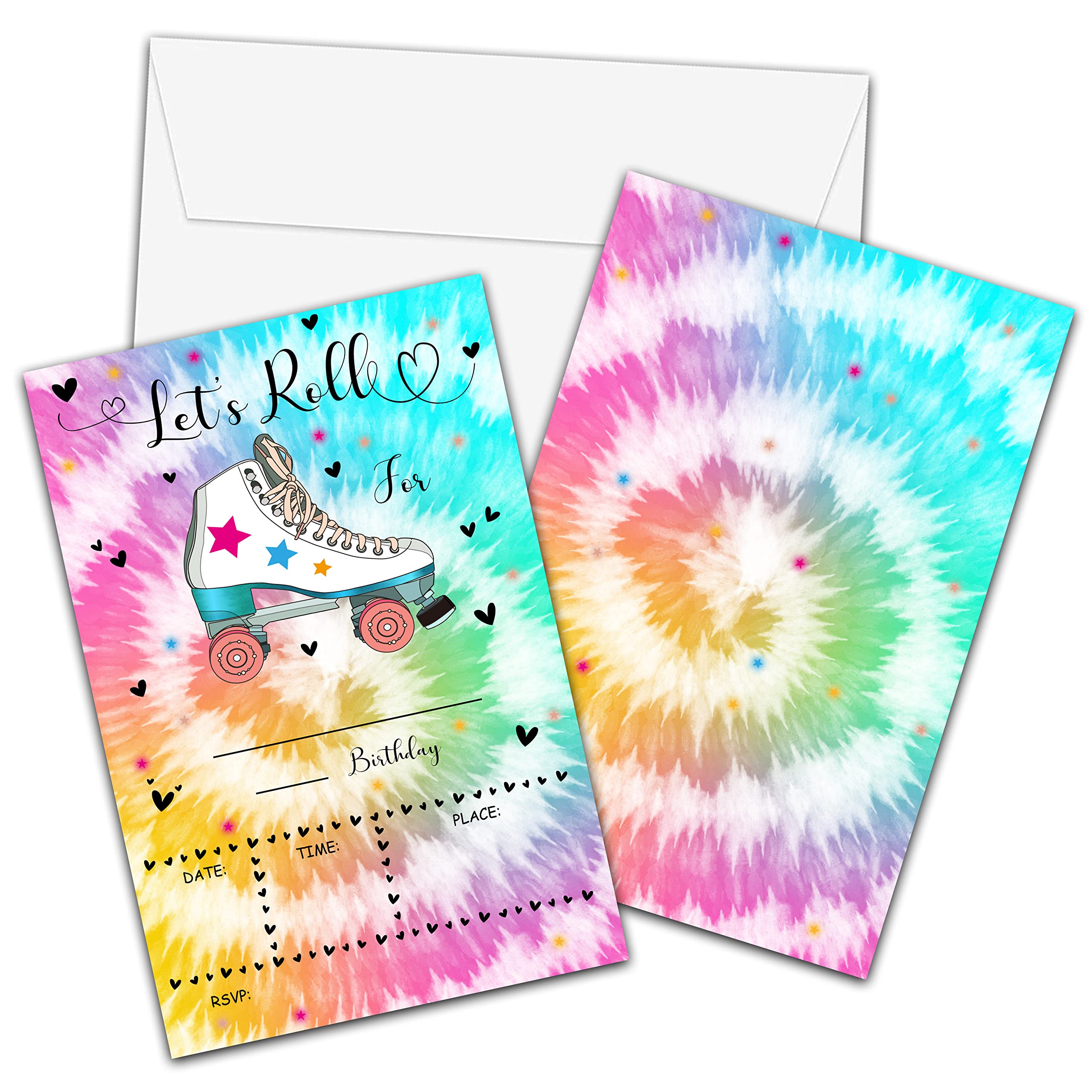 Skating Birthday Invitations with Envelopes - Roller Skate Party Invitation Card for Kids - Tye Dye Fill-in Invites Cards - Let's Roll Party Celebration(20 Pack) -08