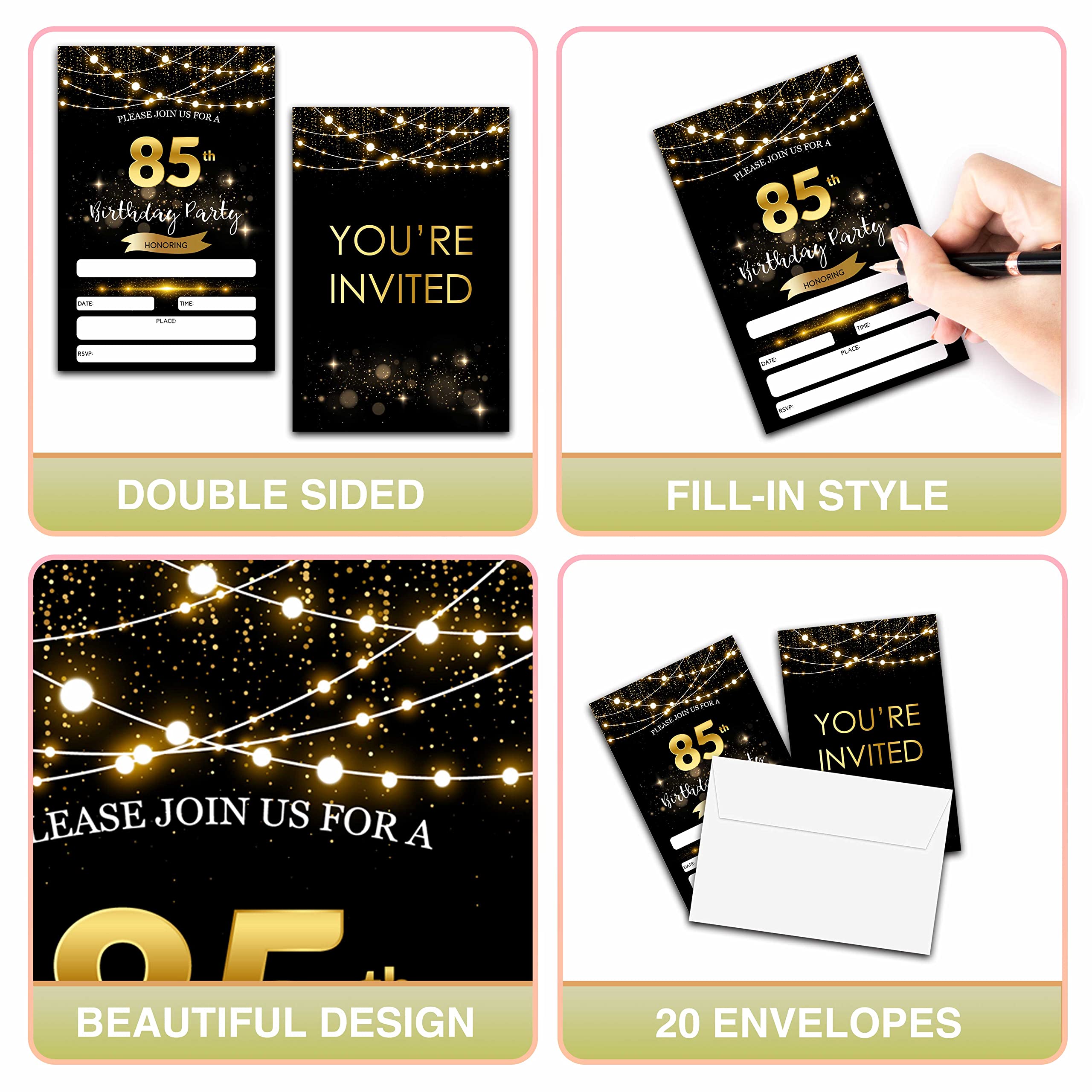 85th Birthday Invitations with Envelopes - Black Gold Glitter Fill-in Invites Cards - Surprise Birthday Party Invitation Card for Him/Her - Adults Birthday Party Favors Supplies Decorations (20 Pack)