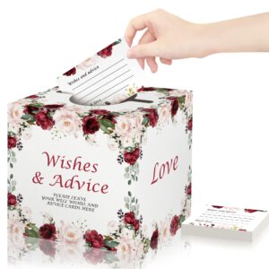 bridal shower game, advice and wishes cards for newlyweds, 50 pieces rose flower themed advice cards with holder box for bridal shower, meaningful wedding party activity decorations supplies