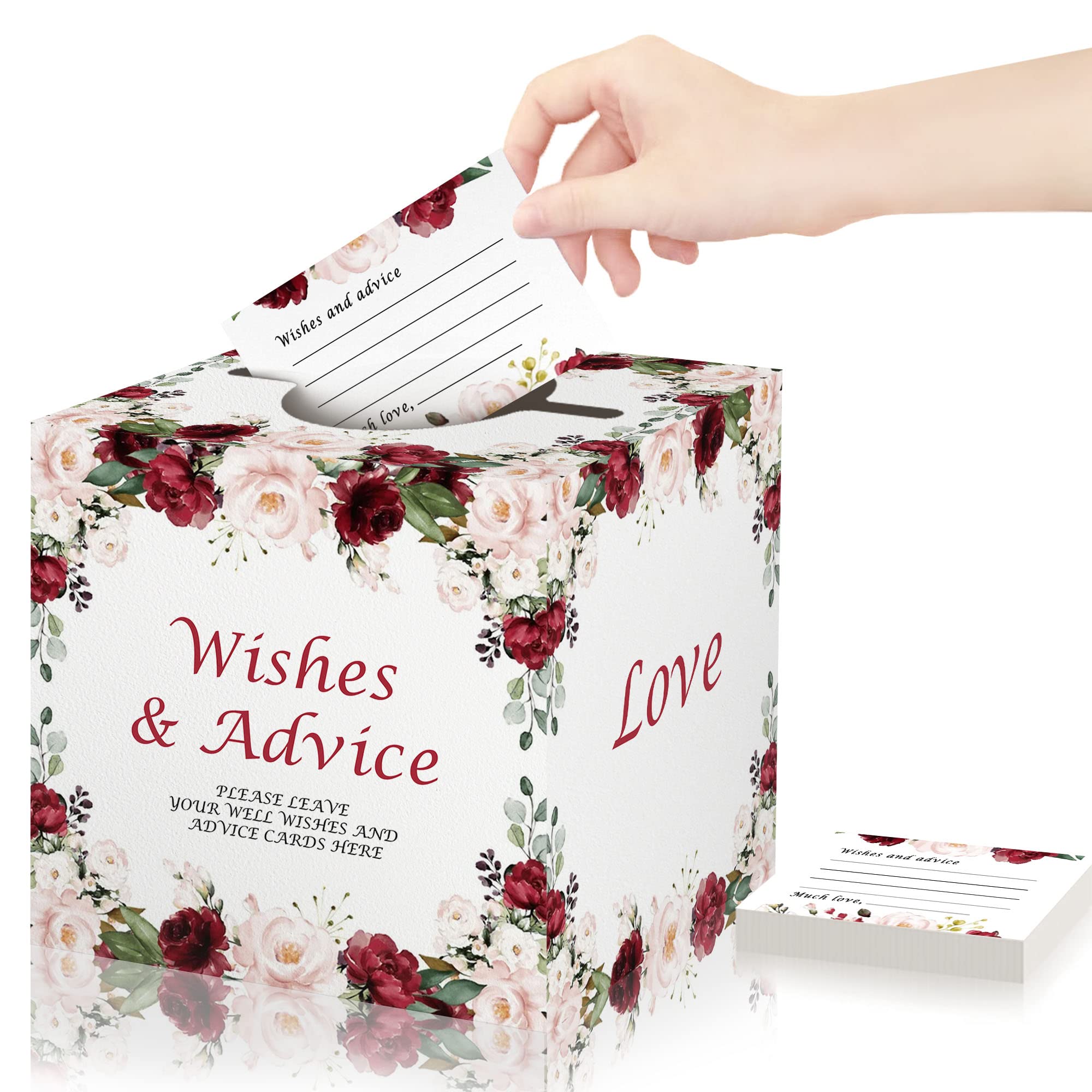 Bridal Shower Game, Advice and Wishes Cards for Newlyweds, 50 Pieces Rose Flower Themed Advice Cards with Holder Box for Bridal Shower, Meaningful Wedding Party Activity Decorations Supplies