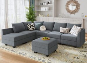 honbay modular sectional sofa with storage ottoman fabric modular couch with reversible chaise 6-seater l shape corner sofa sectional couch, bluish grey