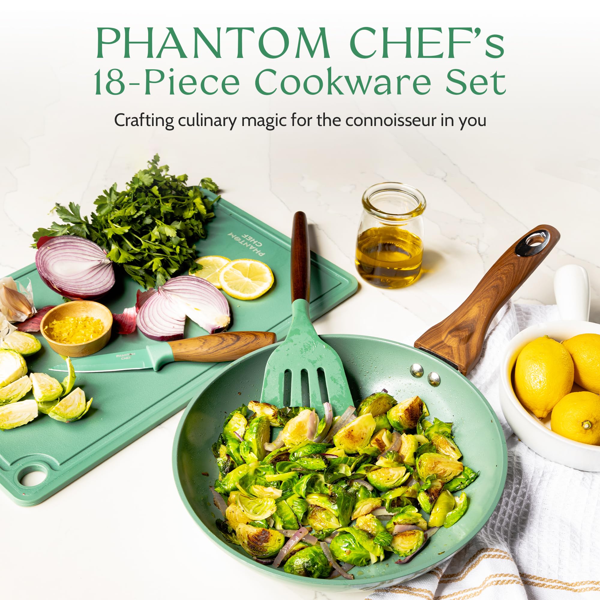 PHANTOM CHEF 18-Piece Cookware Set | Non-Stick Ceramic Coating | Oven & Dishwasher Safe | PFOA-Free | Aluminum Pots & Pans Set with Lids | Stay-Cool Handles | Induction Stovetop Compatible (Green)