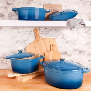 BergHOFF 6Pc Neo Enameled Cast Iron Dutch Oven Set, Matching Lid,Fast, Evenly Heat, Oven Safe, Blue