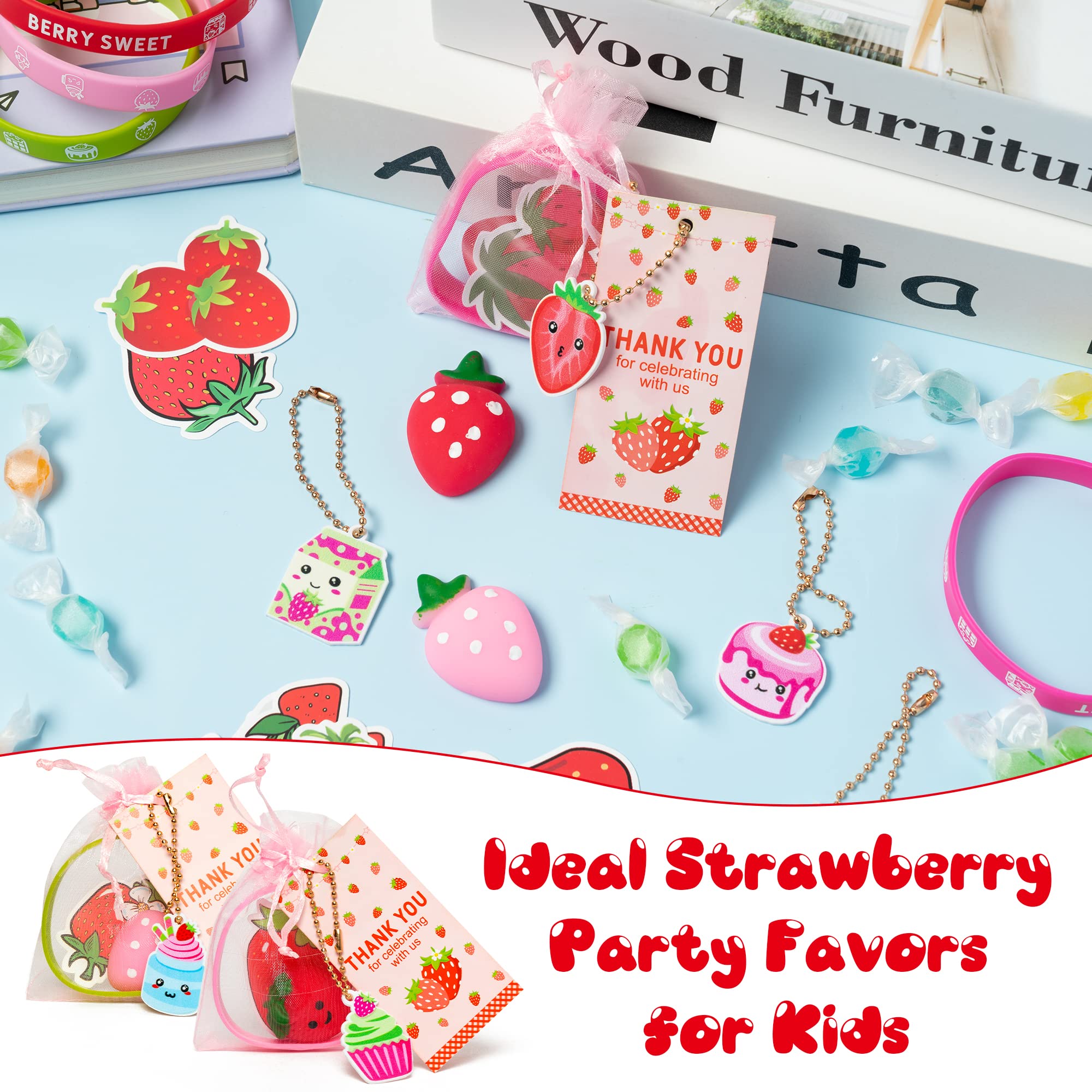 Haooryx 110PCS Strawberry Theme Party Favors Fruit Mochi Toys Berry Sweet Rubber Bracelet Acrylic Strawberry Scrapbook Stickers Keychains with Thank You Card for Girls Birthday Summer Party Goodie Bag