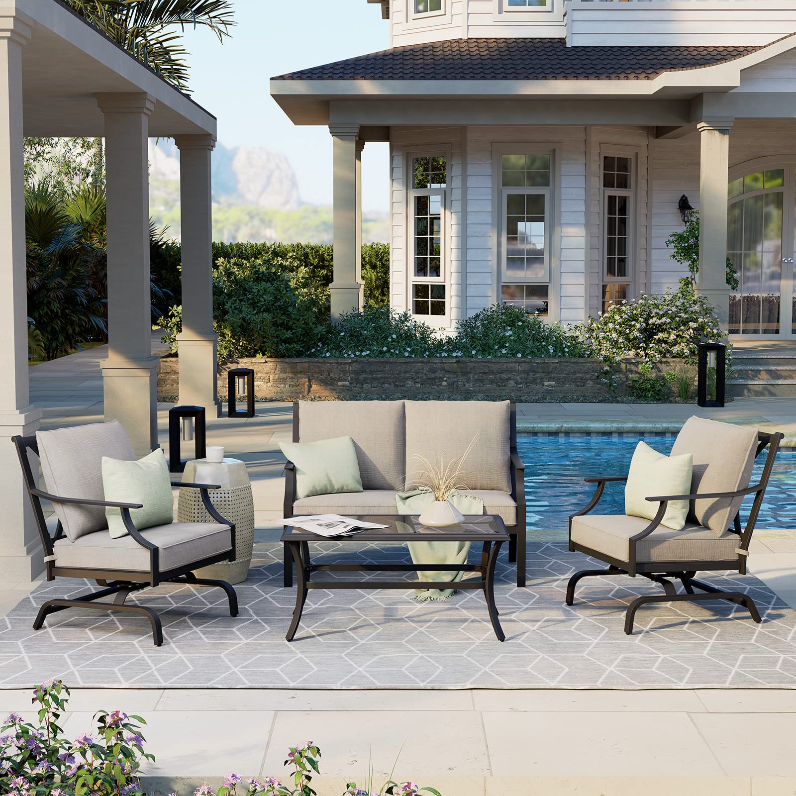 Grand patio Outdoor 4-Piece Patio Furniture Set Conversation Set with Olefin Cushions 2 Rocking Motion Chairs 1 Fixed Loveseat Glass Coffee Table, Dark Gray