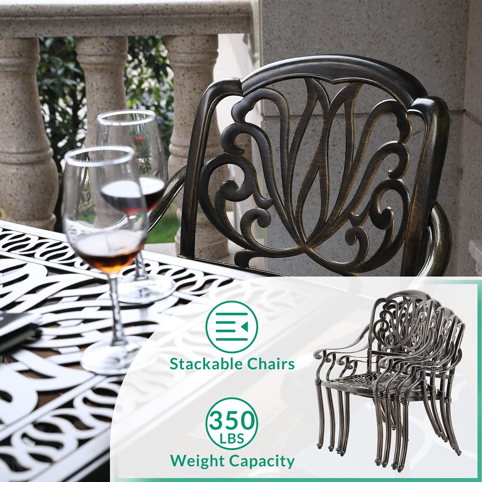 VIVIJASON 5-Piece Outdoor Cast Aluminum Patio Dining Set, All-Weather Conversation Furniture Set, Include 4 Chairs and a 35.4 inch Square Table w/Umbrella Hole for Balcony, Lawn, Garden, Backyard