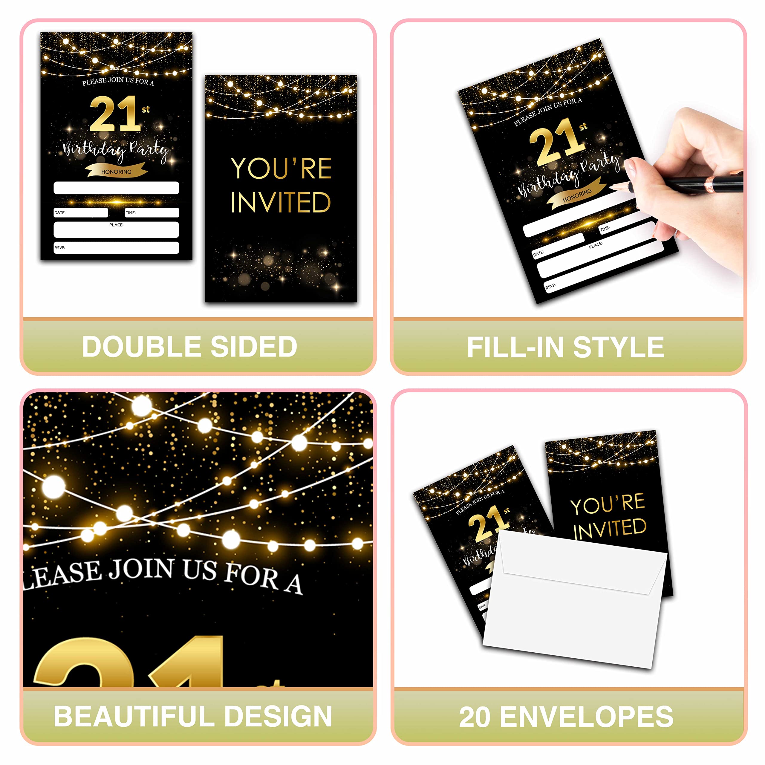 21th Birthday Invitations with Envelopes - Black Gold Glitter Fill-in Invites Cards - Surprise Birthday Party Invitation Card for Him/Her - Adults Birthday Party Favors Supplies Decorations (20 Pack)