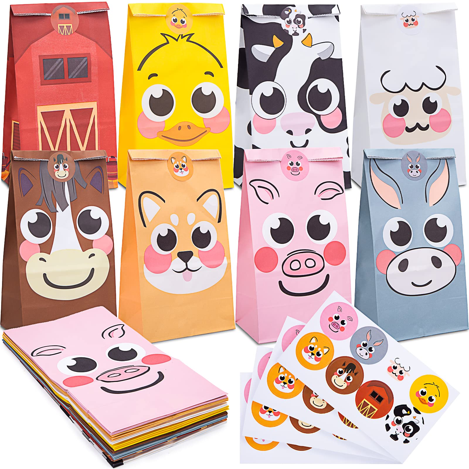 LovesTown 32PCS Farm Animal Party Favor Bags, Goodie Bags with Stickers Treat Bags for Farm Birthday Party Baby Shower Barnyard Gift Bags