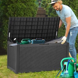 Waterproof Resin Deck Box 100 Gallon Large Storage Box Bench Indoor Outdoor Lockable Imitation Rattan Style Storage Bin Multifunctional Garden Pool Patio Storage Furniture w/ keyhole for Garden Tools