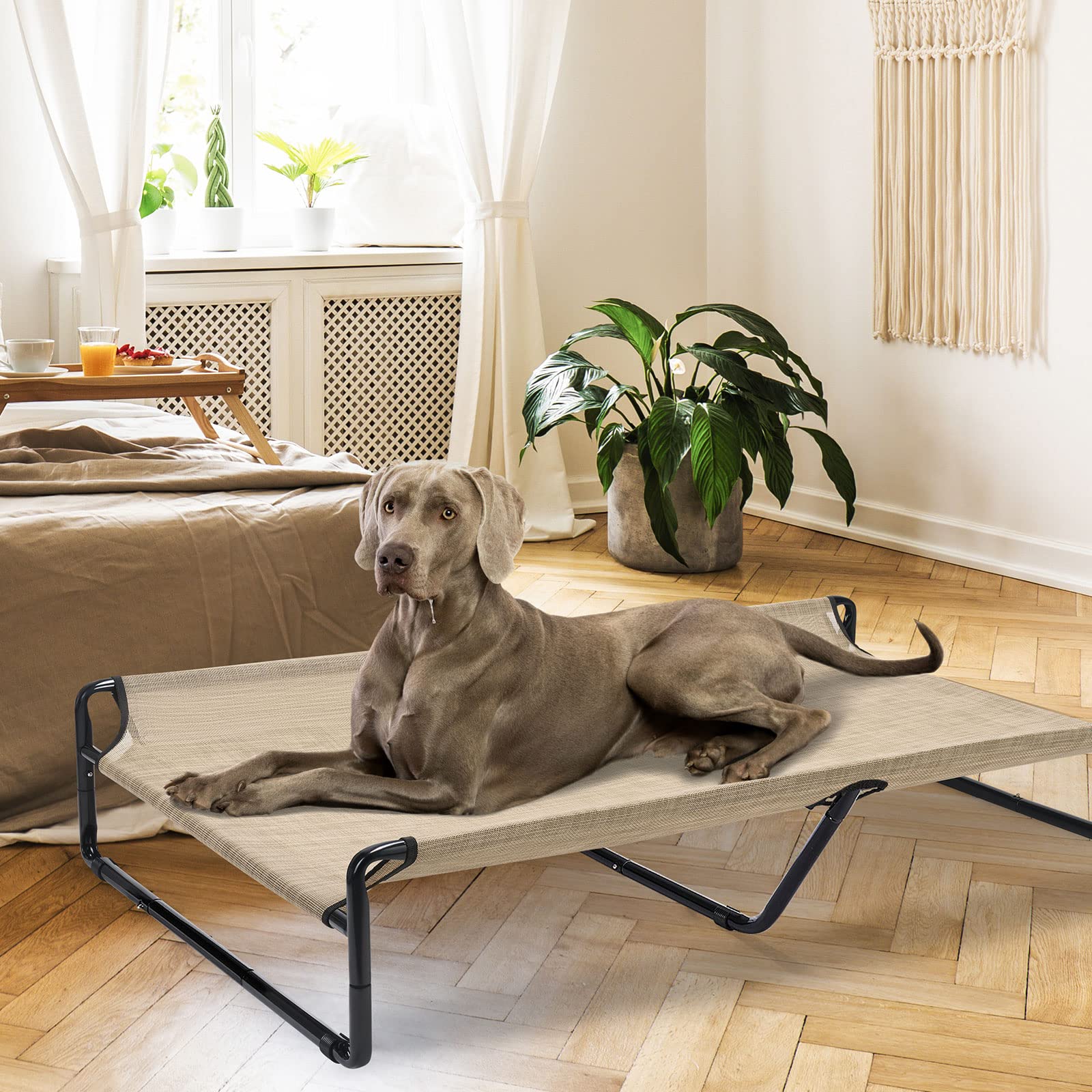 Veehoo Original Cooling Elevated Dog Bed, Outdoor Raised Dog Cots Bed for Large Dogs, Portable Standing Pet Bed with Washable Breathable Mesh, No-Slip Feet for Indoor Outdoor, XX-Large, Beige Coffee