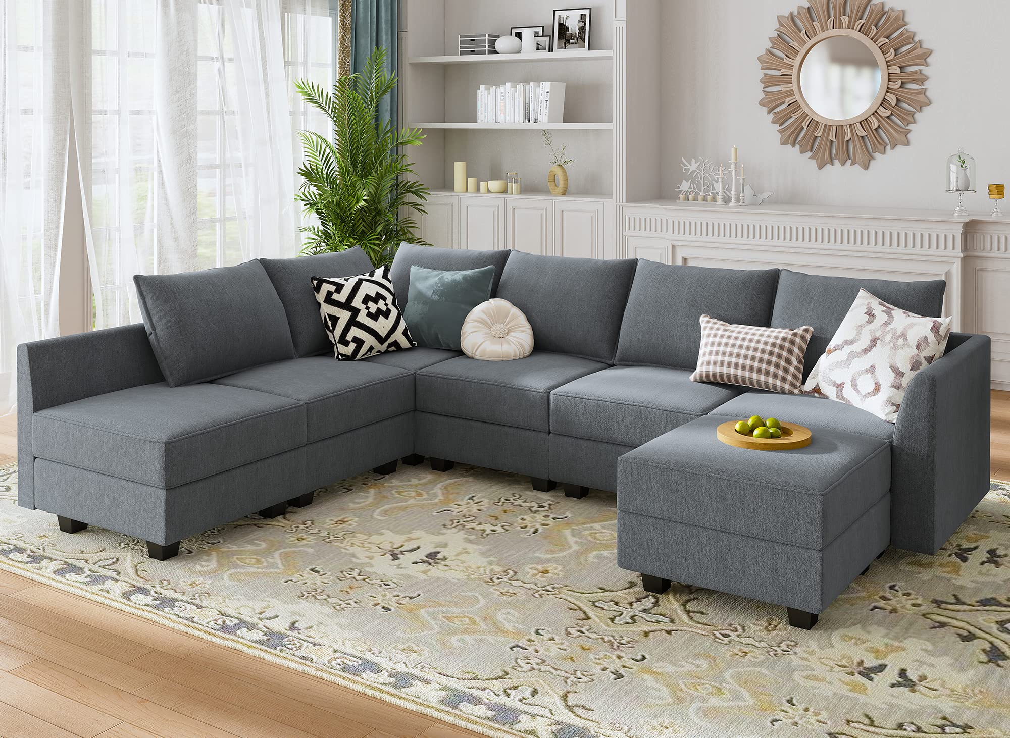 HONBAY Modular Sectional Sofa with Storage Ottoman Fabric Modular Couch with Reversible Chaise 6-Seater L Shape Corner Sofa Sectional Couch, Bluish Grey