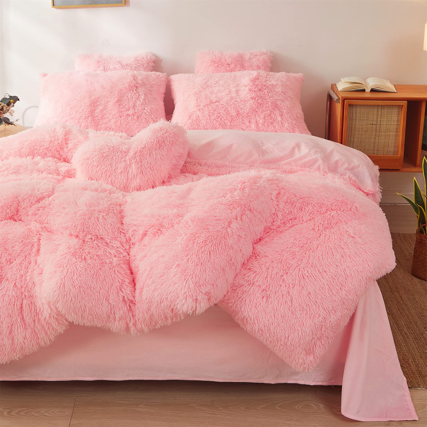 Fluffy Pink Twin Size Comforter Cover - Ultra Soft Plush Bedding Set With Faux Fur and Fuzzy Pillowcase for Girls Bedroom (Light Pink)