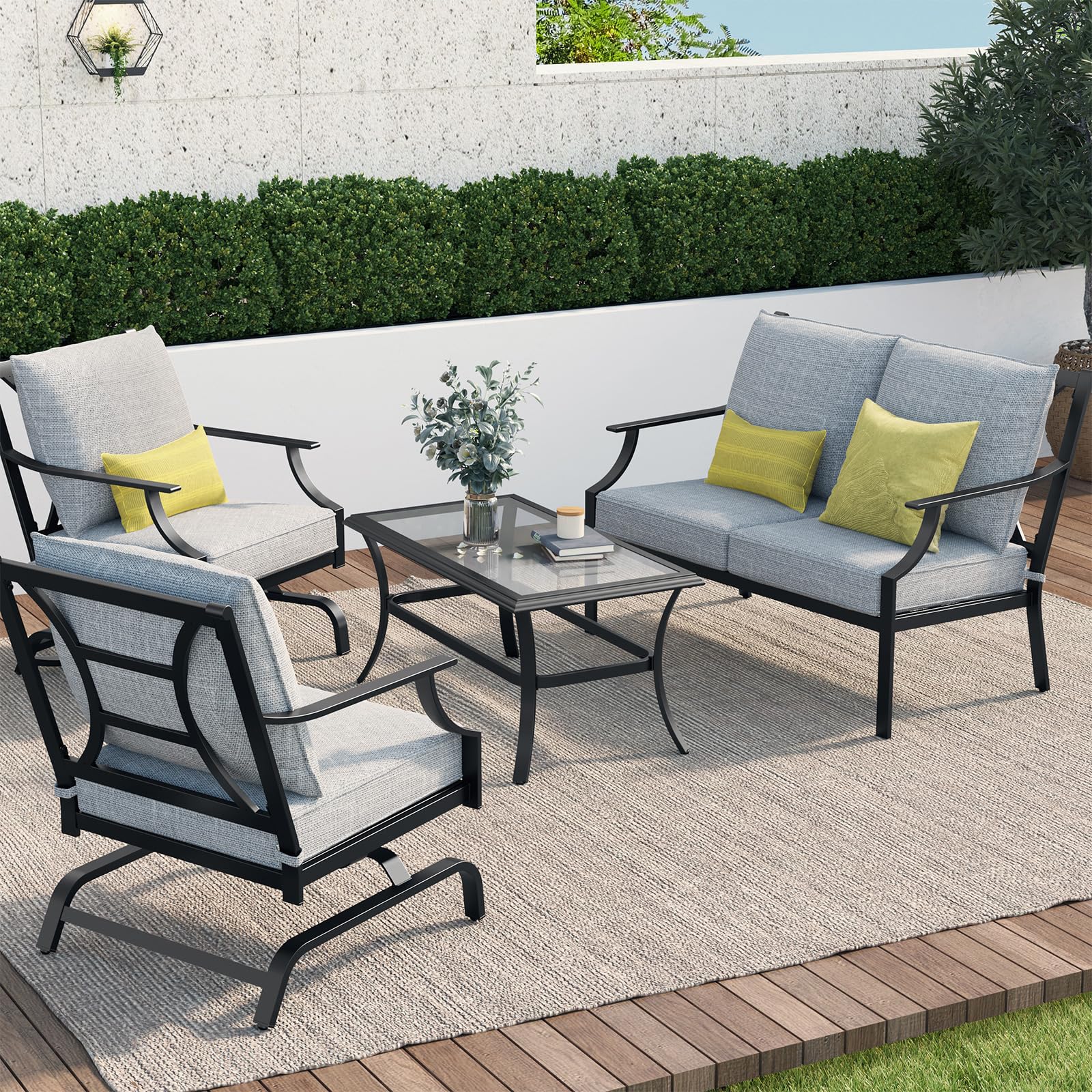 Grand patio Outdoor 4-Piece Patio Furniture Set Conversation Set with Olefin Cushions 2 Rocking Motion Chairs 1 Fixed Loveseat Glass Coffee Table, Dark Gray