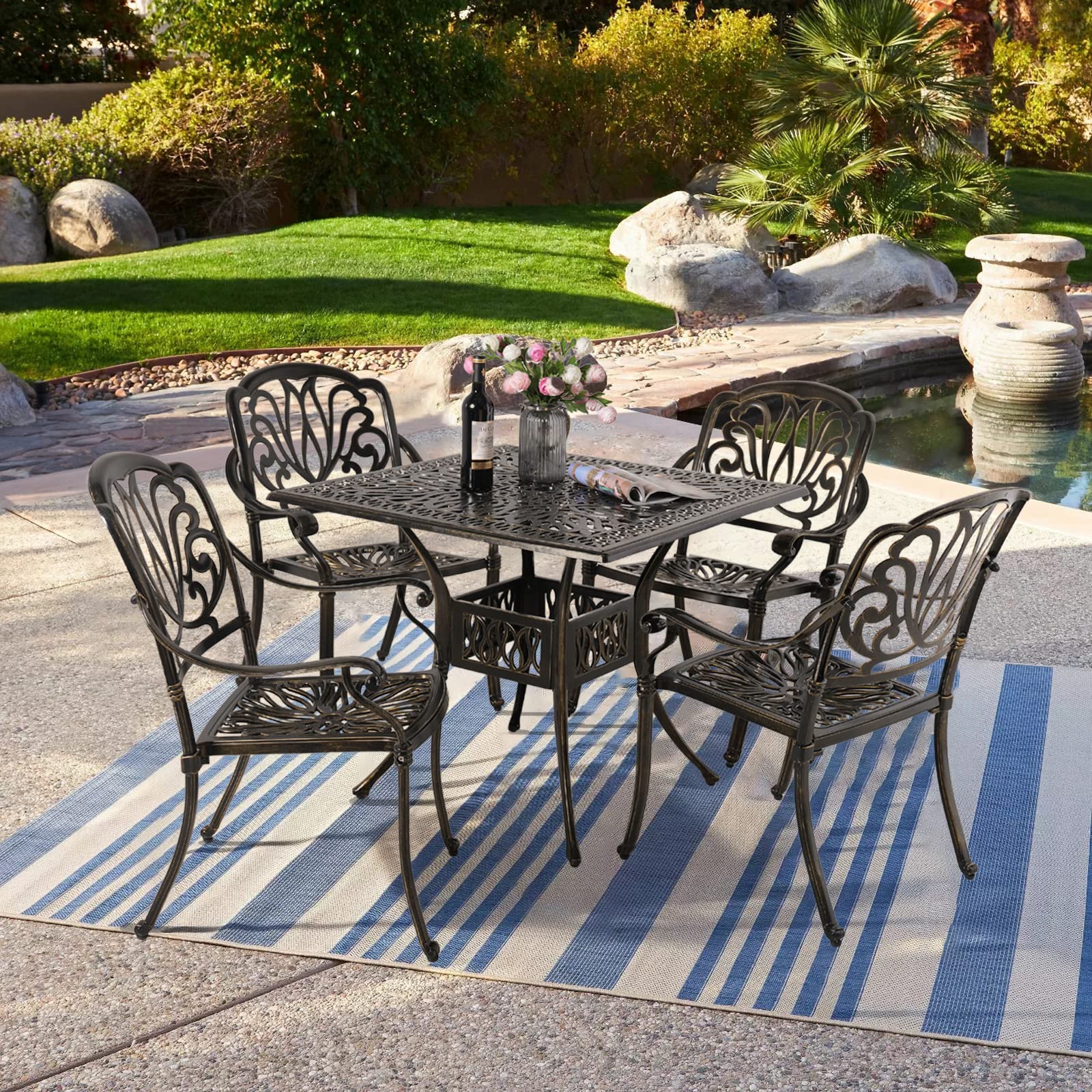 VIVIJASON 5-Piece Outdoor Cast Aluminum Patio Dining Set, All-Weather Conversation Furniture Set, Include 4 Chairs and a 35.4 inch Square Table w/Umbrella Hole for Balcony, Lawn, Garden, Backyard