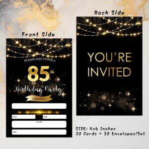 85th Birthday Invitations with Envelopes - Black Gold Glitter Fill-in Invites Cards - Surprise Birthday Party Invitation Card for Him/Her - Adults Birthday Party Favors Supplies Decorations (20 Pack)