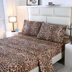 SDY 4PCS Leopard Bedding Sheets Queen Size Leopard Print Sheet Set Included 1 Fitted Sheet with 14'' Deep Pocket + 1 Top Flat Sheet + 2 Pillowcases for Kids Boys Girls (Leopard,Queen)