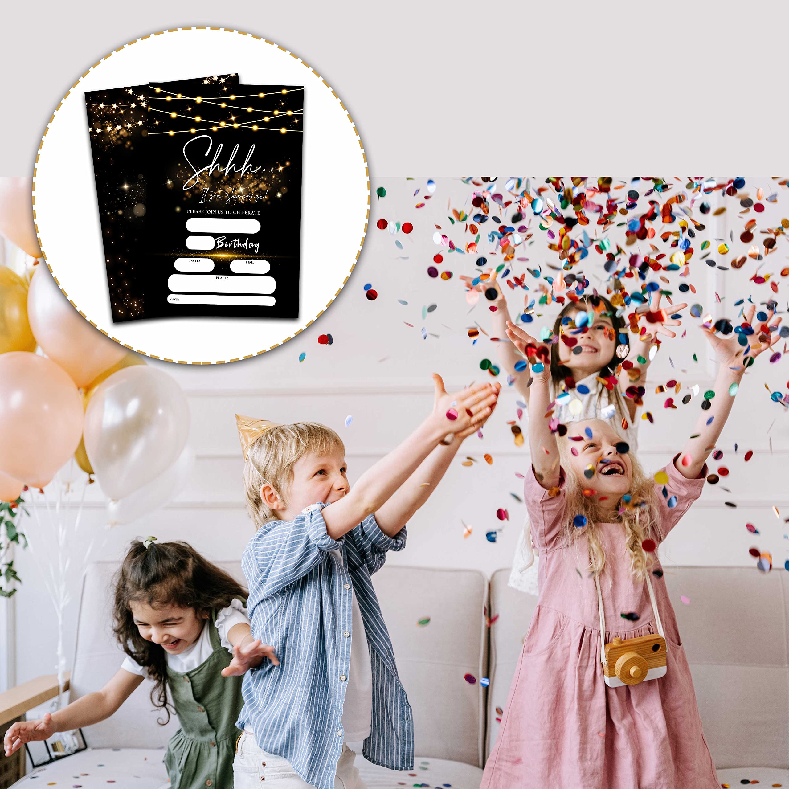 Surprise Birthday Invitations with Envelopes - Shhh It's A Surprise Party Invitation Card for Kids Adults - Black Gold Glitter Fill-in Invites Cards(20 Pack) -16