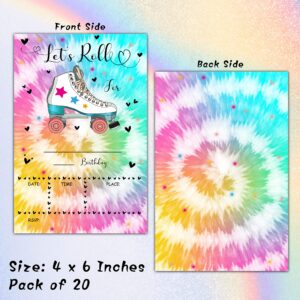 Skating Birthday Invitations with Envelopes - Roller Skate Party Invitation Card for Kids - Tye Dye Fill-in Invites Cards - Let's Roll Party Celebration(20 Pack) -08