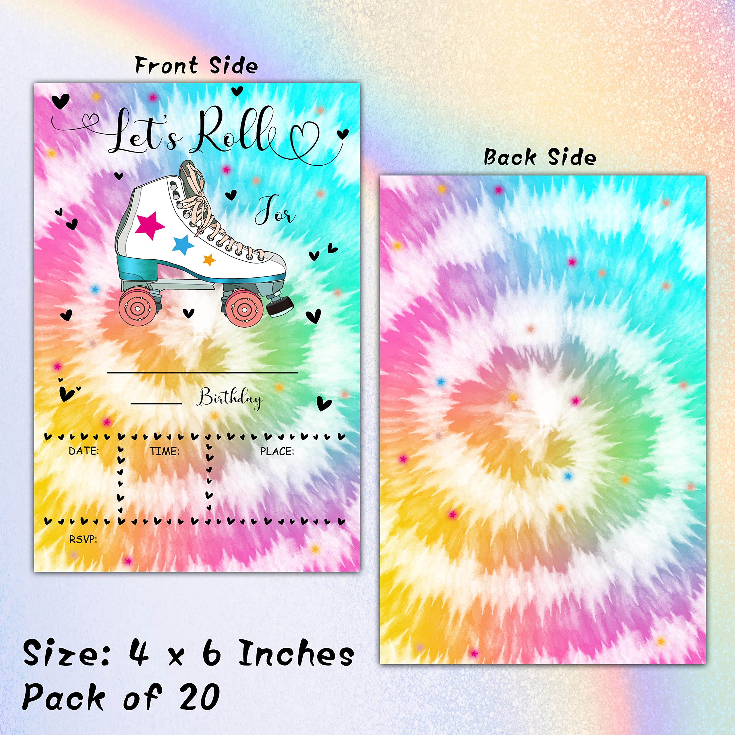 Skating Birthday Invitations with Envelopes - Roller Skate Party Invitation Card for Kids - Tye Dye Fill-in Invites Cards - Let's Roll Party Celebration(20 Pack) -08