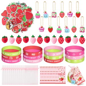 Haooryx 110PCS Strawberry Theme Party Favors Fruit Mochi Toys Berry Sweet Rubber Bracelet Acrylic Strawberry Scrapbook Stickers Keychains with Thank You Card for Girls Birthday Summer Party Goodie Bag