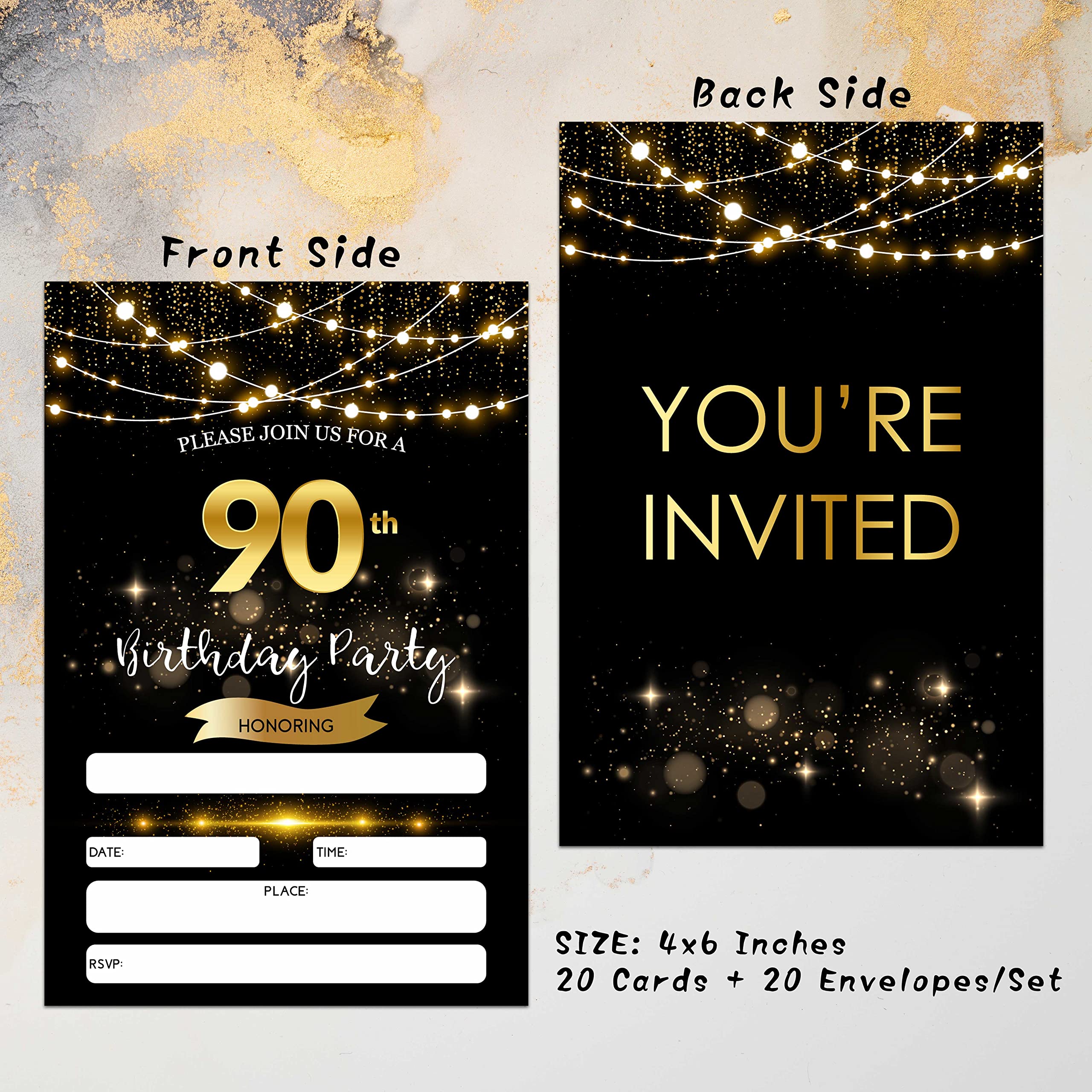 90th Birthday Invitations with Envelopes - Black Gold Glitter Fill-in Invites Cards - Surprise Birthday Party Invitation Card for Him/Her - Adults Birthday Party Favors Supplies Decorations (20 Pack)