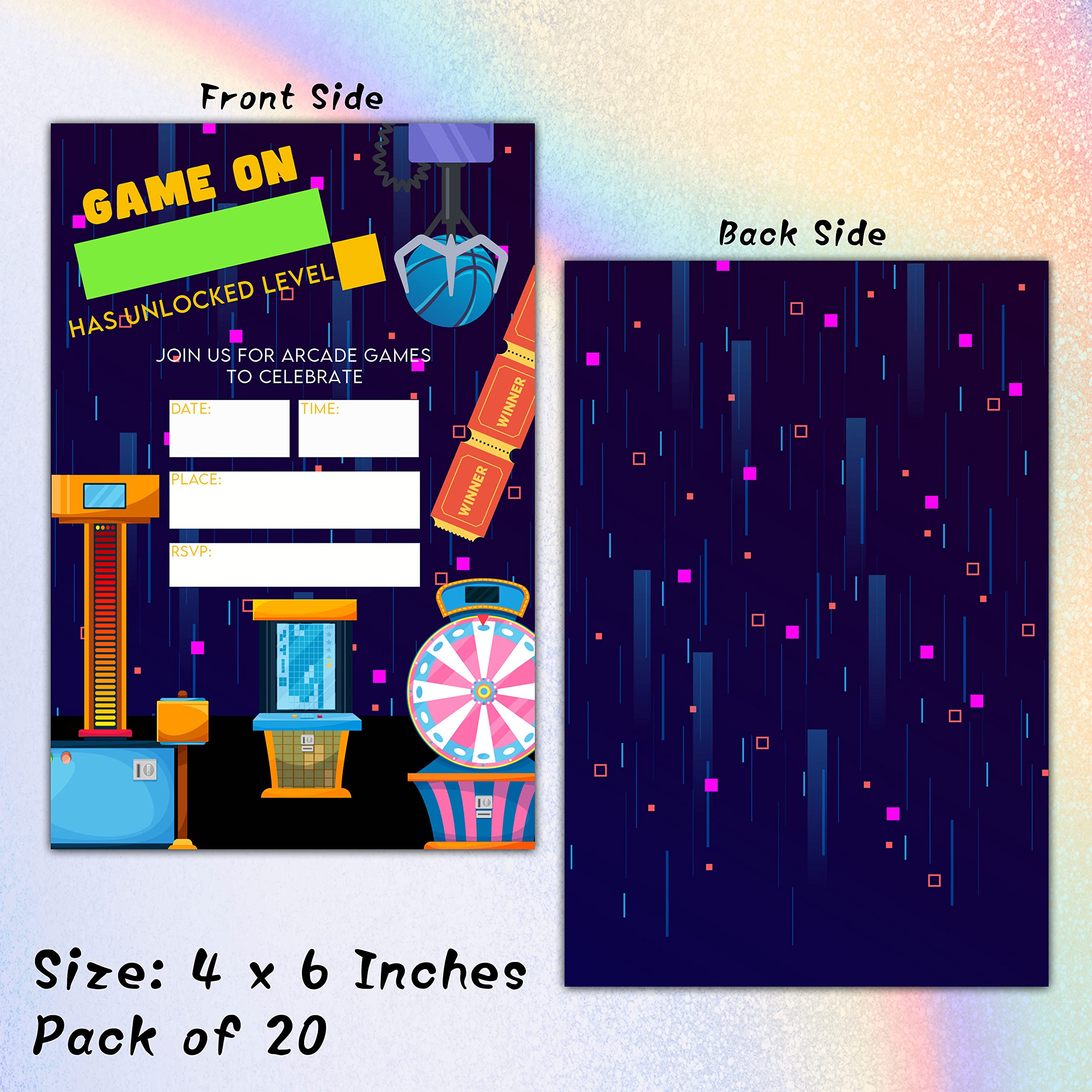 Arcade Birthday Invitations with Envelopes - Game On Party Invitation Card - Arcade Video Games Themed Fill-in Invites Cards - Neon Glow Gaming Party Celebration(20 Pack) -10