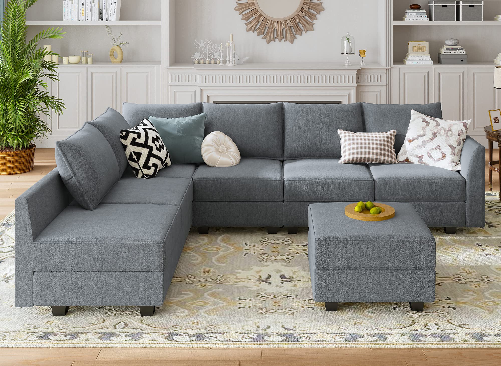 HONBAY Modular Sectional Sofa with Storage Ottoman Fabric Modular Couch with Reversible Chaise 6-Seater L Shape Corner Sofa Sectional Couch, Bluish Grey