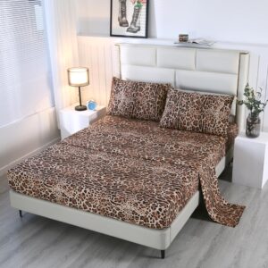 sdy 4pcs leopard bedding sheets queen size leopard print sheet set included 1 fitted sheet with 14'' deep pocket + 1 top flat sheet + 2 pillowcases for kids boys girls (leopard,queen)