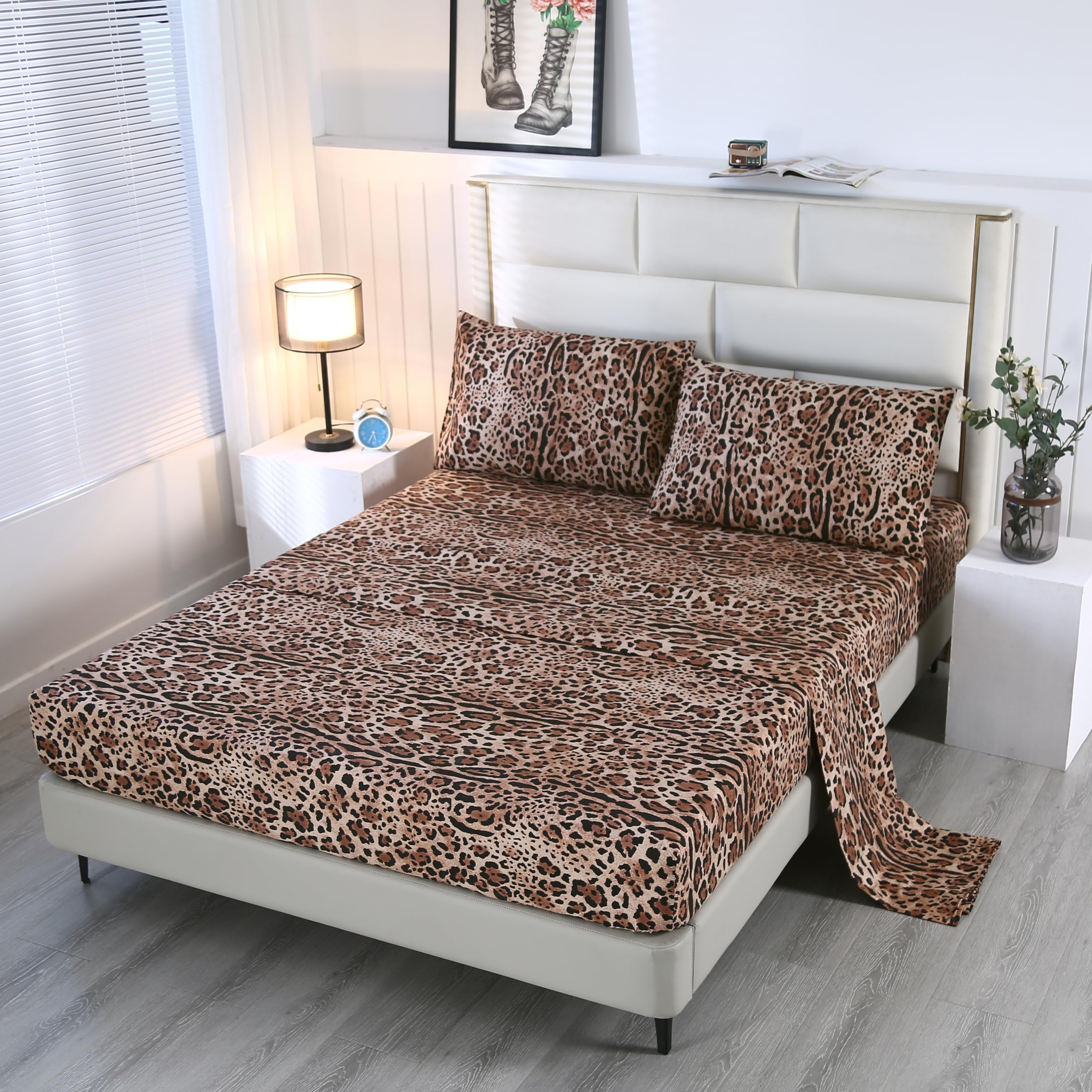 SDY 4PCS Leopard Bedding Sheets Queen Size Leopard Print Sheet Set Included 1 Fitted Sheet with 14'' Deep Pocket + 1 Top Flat Sheet + 2 Pillowcases for Kids Boys Girls (Leopard,Queen)