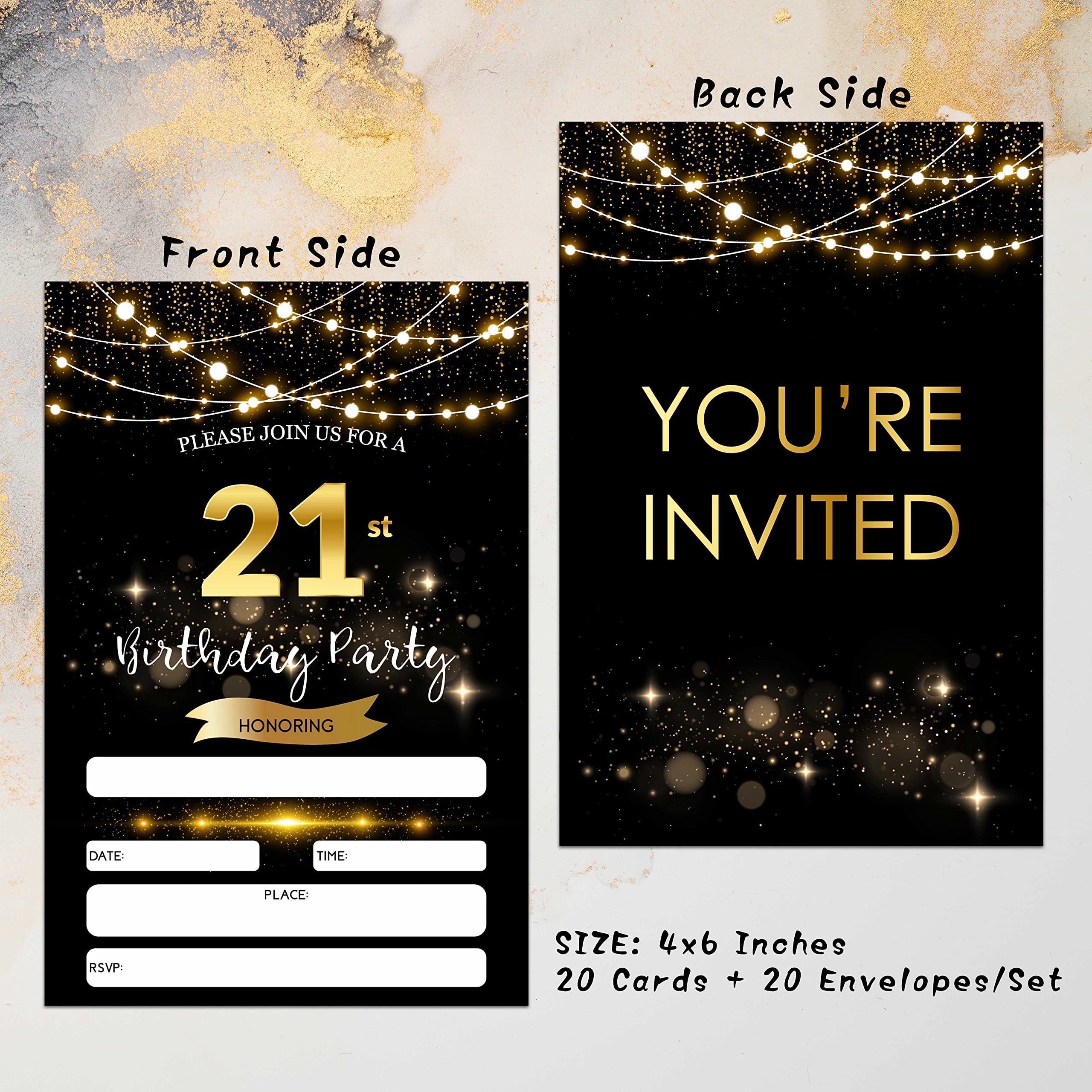 21th Birthday Invitations with Envelopes - Black Gold Glitter Fill-in Invites Cards - Surprise Birthday Party Invitation Card for Him/Her - Adults Birthday Party Favors Supplies Decorations (20 Pack)