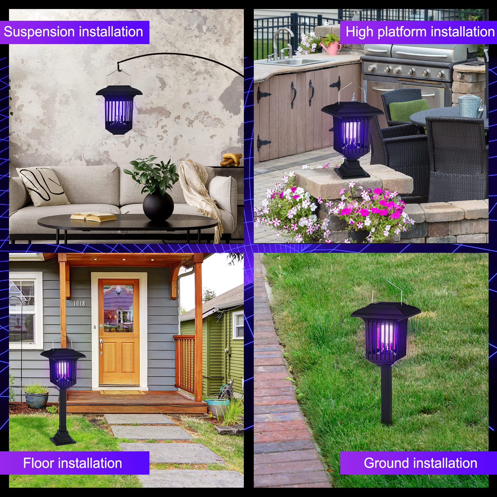 Solar Bug Zapper Outdoor UV Mosquito Killer Black Fly Repellent Light Waterproof Pest Control Insect Fly Trap LED Insecticidal Lamp Hang or Stake in The Ground for Indoor Home Garden(4 Pack)