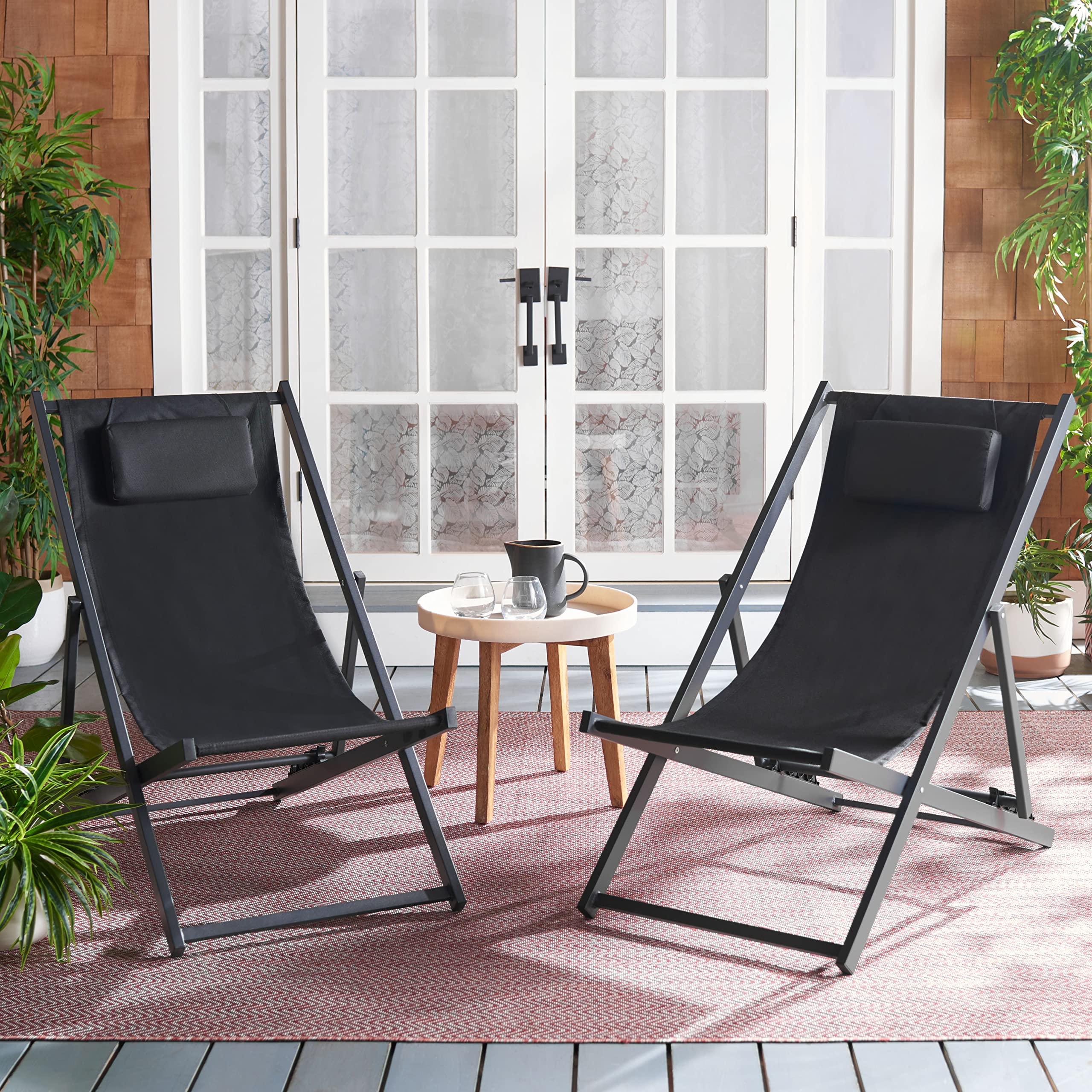 Safavieh PAT9039C-SET2 Outdoor Collection Camlin Black Adjustable Folding Set of 2 (Fully Assembled) Sling Chair Set