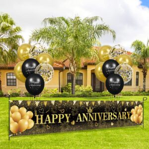 Black Gold Wedding Anniversary Decoration, Black Gold Happy Anniversary Yard Banner and 18Pcs Happy Anniversary Latex Balloons for Black Gold Wedding Anniversary Birthday Party Decorations