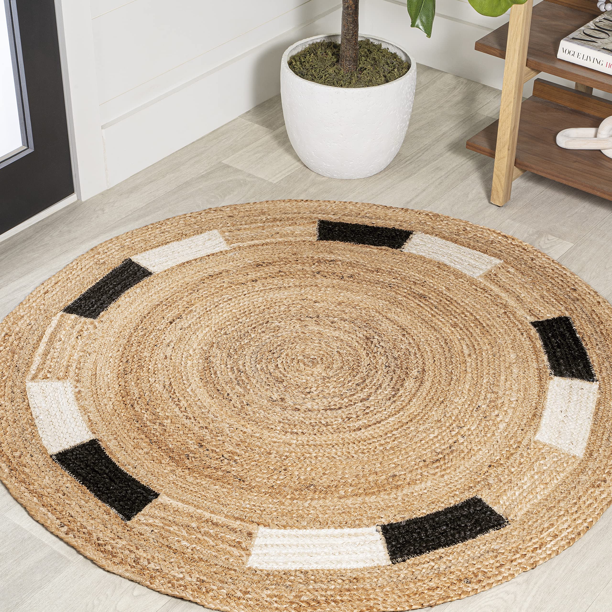 JONATHAN Y RNF106A-5R Porto Geometric Jute Circle Indoor Area-Rug, Cottage, Bohemian, Country Easy-Washing,Bedroom,Kitchen,Living Room,Non Shedding, Natural/Cream/Black, 5' Round