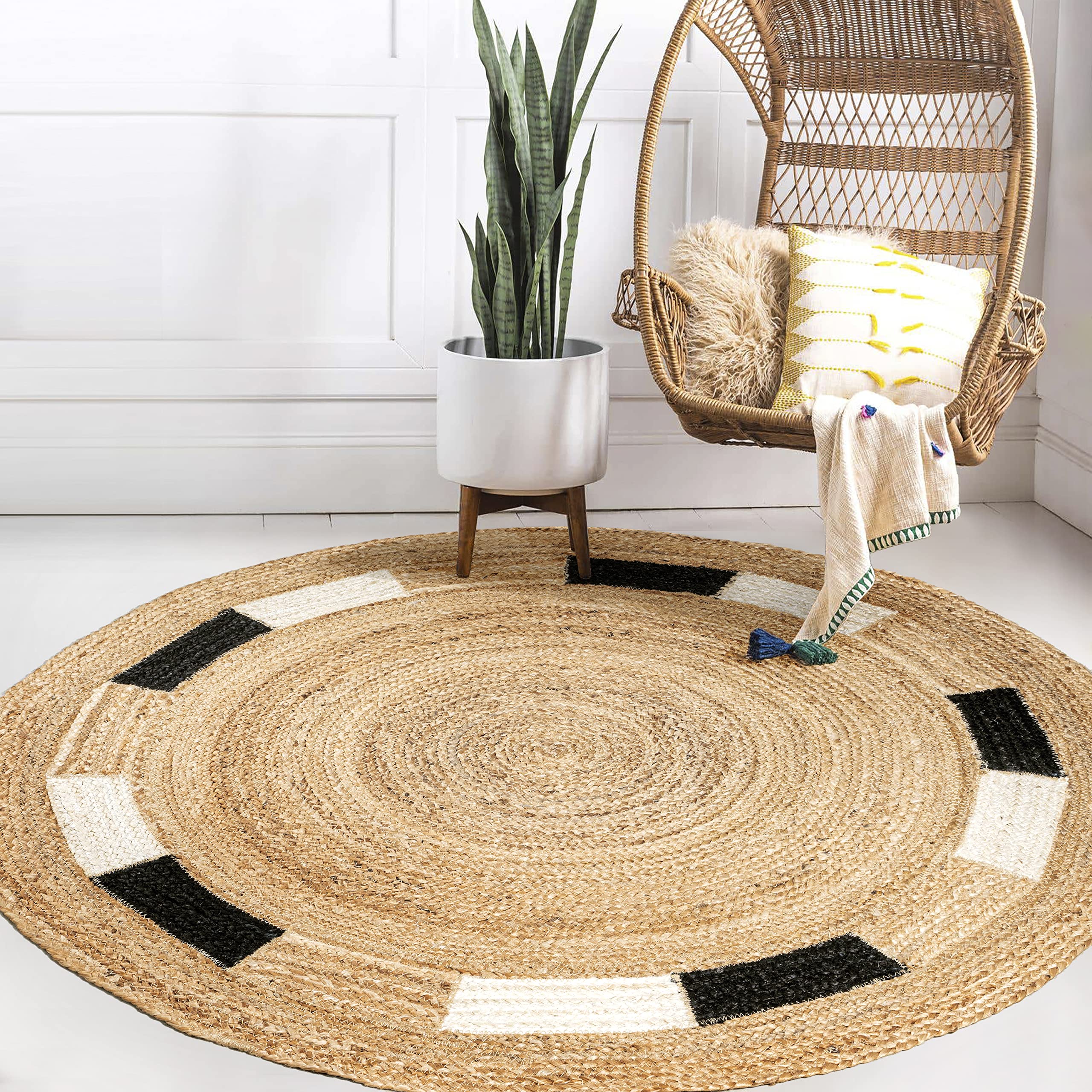 JONATHAN Y RNF106A-5R Porto Geometric Jute Circle Indoor Area-Rug, Cottage, Bohemian, Country Easy-Washing,Bedroom,Kitchen,Living Room,Non Shedding, Natural/Cream/Black, 5' Round