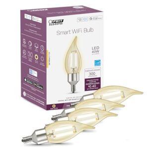 feit electric smart led candle wifi bulb, works with alexa or google assistant, e12 base, no hub, flame tip filament chandelier light bulb, 2700k soft white, 4 pack cfc40/927ca/fil/ag/4