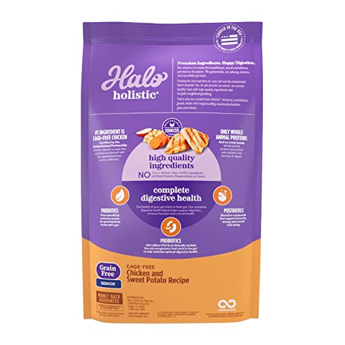 Halo Purely for Pets Holistic Dog Food, Complete Digestive Health Grain Free Cage-Free Chicken and Sweet Potato Recipe, Dry Dog Food Bag, Senior Formula, 10-lb Bag