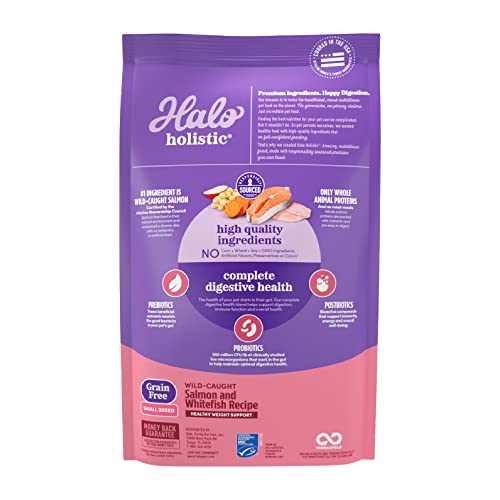 Halo Purely for Pets Holistic Dog Food, Complete Digestive Health Wild-Caught Salmon and Whitefish Recipe, Dry Dog Food Bag, Small Breed Formula, 3.5-lb Bag