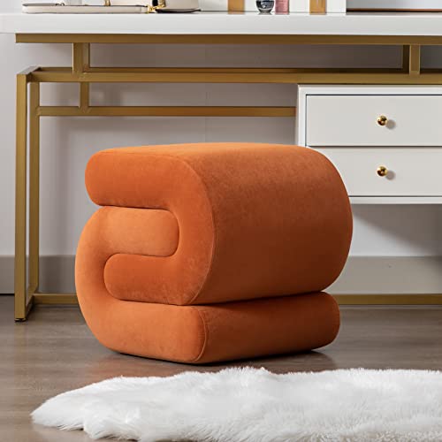 LETESA Modern Velvet Upholstered Ottoman, Exquisite Small End Table, Soft Foot Stool with S-Shape, Dressing Makeup Chair, Comfortable Seat for Living Room, Bedroom, Entrance (Orange, S-Shape)