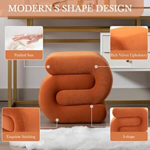 LETESA Modern Velvet Upholstered Ottoman, Exquisite Small End Table, Soft Foot Stool with S-Shape, Dressing Makeup Chair, Comfortable Seat for Living Room, Bedroom, Entrance (Orange, S-Shape)