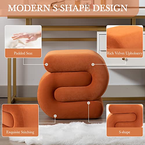 LETESA Modern Velvet Upholstered Ottoman, Exquisite Small End Table, Soft Foot Stool with S-Shape, Dressing Makeup Chair, Comfortable Seat for Living Room, Bedroom, Entrance (Orange, S-Shape)