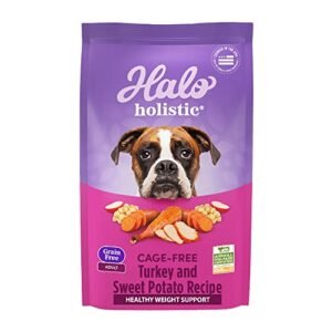 halo purely for pets holistic dog food, complete digestive health grain free cage-free turkey and sweet potato recipe, healthy weight support, dry dog food bag, adult formula, 3.5-lb bag